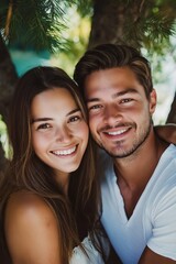 Naklejka premium A man and a woman are smiling at the camera. The man is wearing a white shirt and the woman is wearing a white dress. They are both wearing sunglasses