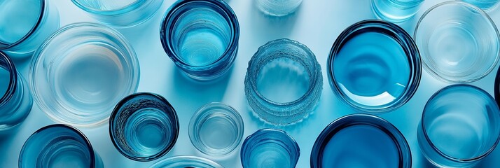 A collection of blue glass bowls and cups. The bowls and cups are of various sizes and shapes, and they are arranged in a way that creates a sense of depth and dimension