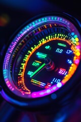 A digital speedometer with a colorful display. The display shows the speed of the vehicle in miles per hour