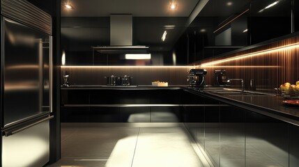 Fototapeta premium A contemporary kitchen with matte black cabinets