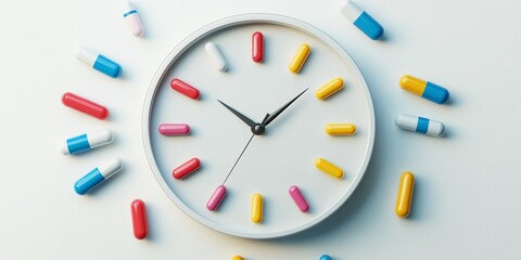 A colorful pill clock with pills scattered around it. The clock shows the time as 10:00