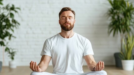 A man sits cross-legged on a yoga mat, deep in meditation, surrounded by the peaceful sounds of nature. His relaxed posture reflects inner peace and clarity