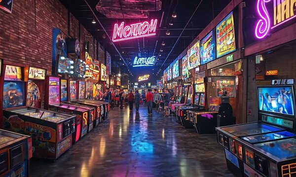 Vibrant arcade filled with classic pinball machines and neon lights.