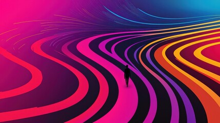 A maze of colored lines and data points, with a person navigating through, reaching highlighted KPIs along the path, progress and goal achievement