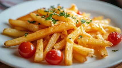 Golden French fries on a white plate, drizzled with melted cheese and garnished with green herbs and cherry tomatoes.