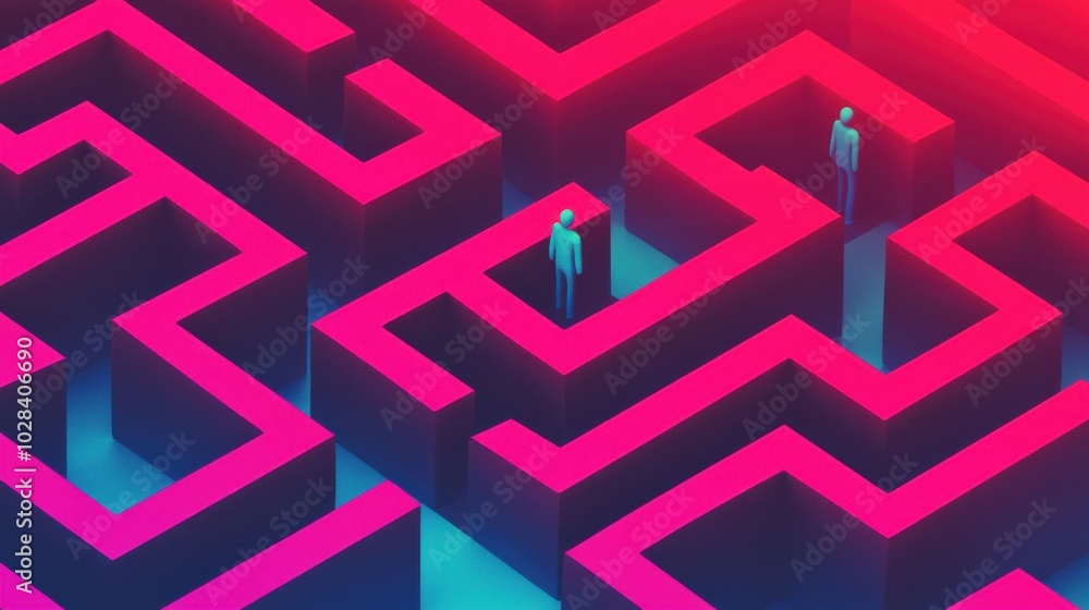 Poster a maze with abstract figures navigating through, representing the challenges and growth that shape a