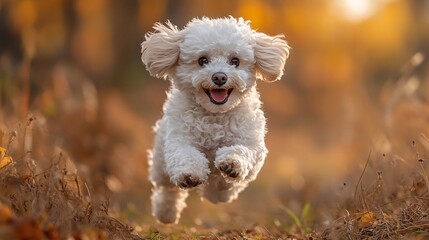 a happy white Poodle running on the nature