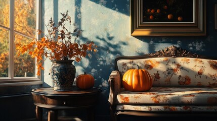A living room with a couch, a vase, and a pumpkin on it