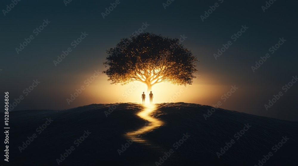 Poster a mentor figure standing under a glowing tree of knowledge, with light cascading down to a smaller f
