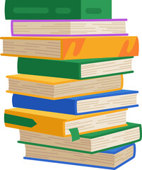 High book stacks or pile. Library textbooks and school literature heaps, dictionaries. Bookstore advertise. Cartoon stacked books angle view with different colorful covers isolated on white