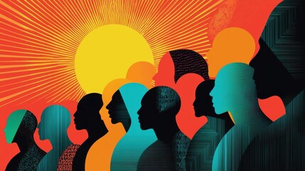 A mosaic of different abstract figures, each radiating unique colored light, standing under a glowing sun that symbolizes opportunity and merit-based recognition