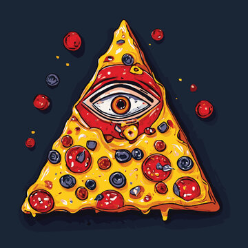 Flat vector pizza slice in a shape of a pyramid with an eye symbolizing a conspiracy theory