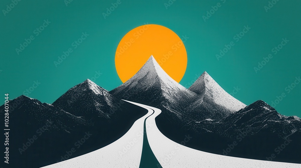 Poster a mountain with a path that splits into different directions, each direction representing different 