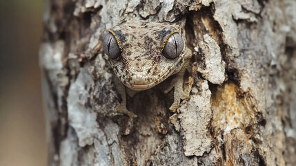 A camouflaged leaf-tailed gecko on a tree trunk