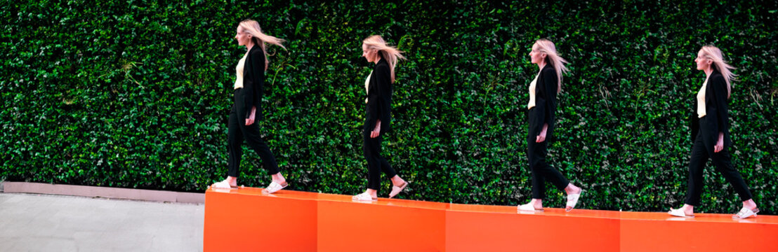 Multiple exposure of woman walking in front of plants