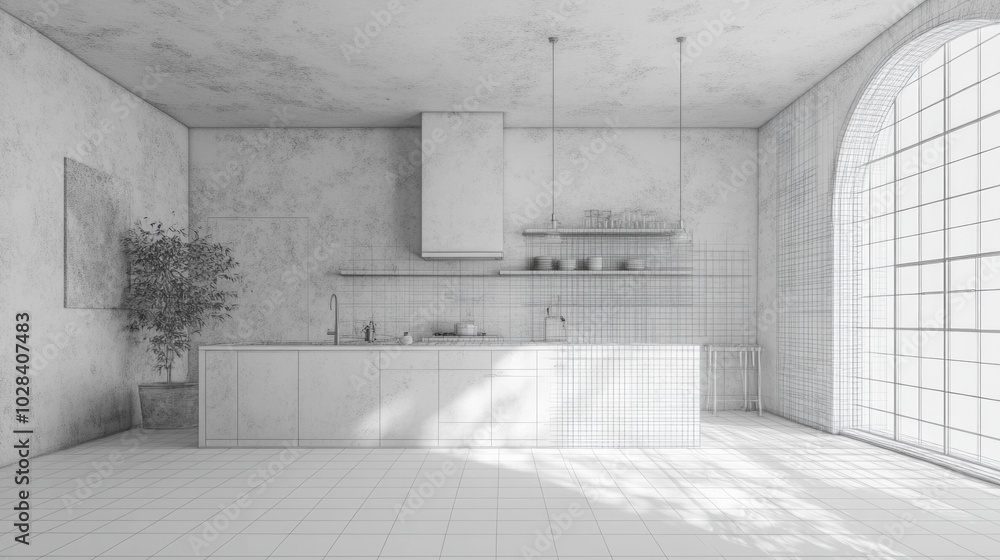 Poster a modern spacious room designed with stylish furniture transitioning into a 3d grid sketch