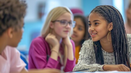 a diverse group of students engaged in a lively classroom discussion, showcasing inclusivity and the importance of education