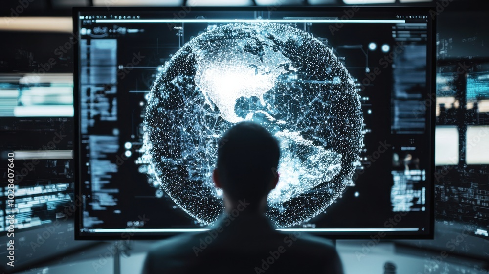 Poster a person looking at a large digital screen with a transparent office environment overlay, where phys