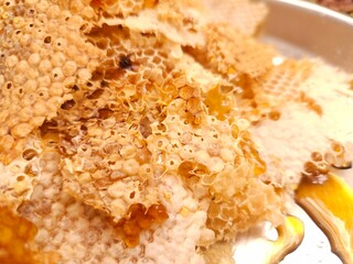 Close-up image shows a bee on a golden honeycomb with its perfect hexagonal structure, capturing...