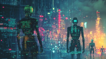 Futuristic city with robots walking.