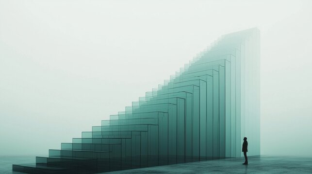 A person standing at the base of a tall staircase made of transparent cubes, each cube inscribed with a number or metric. The stairs stretch infinitely upward, continuous improvement