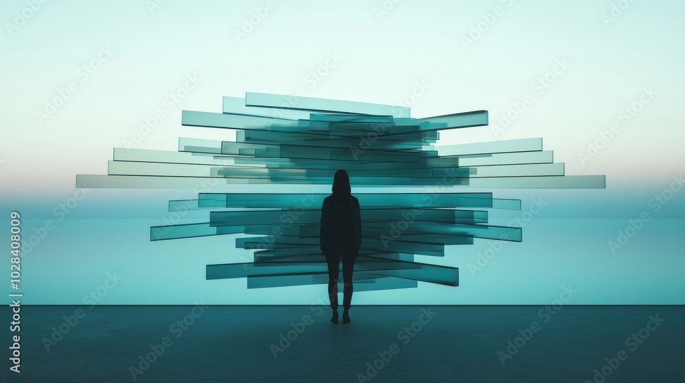 Aufkleber a person standing in front of a large mirror made of glass, with fragmented reflections showing diff
