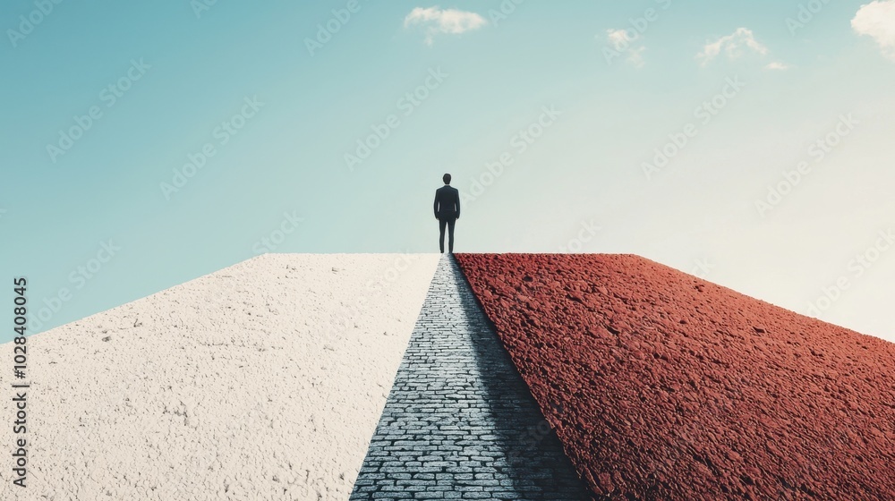 Poster a person standing in front of a path that splits into different directions, with each path made of a