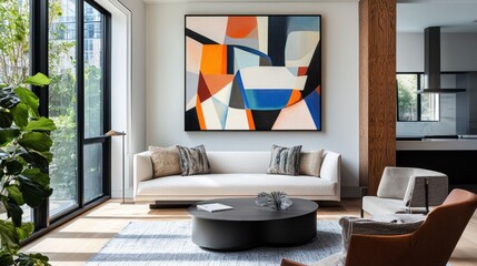 A modern living room with a large geometric abstract painting, adding a dynamic focal point to the minimalist decor