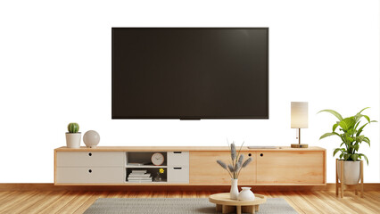 Mockup a cabinet television with decoration in minimalist room on transparent background- 3D rendering
