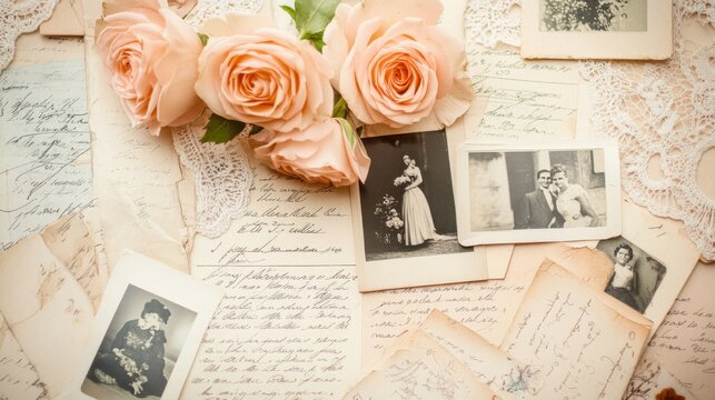 Naklejki Pink roses on old letters and photographs with lace.