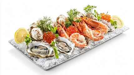 Fresh seafood platter with oysters, shrimp, caviar, and lemon on ice.