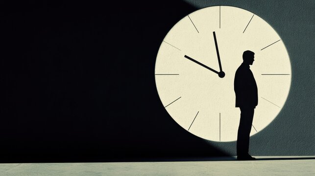 A person, shadow being cast by a giant clock, showing the looming pressure and influence of deadlines on everyday life