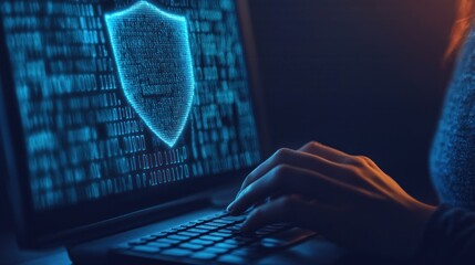 Secure Digital Workspace: Office Worker Typing on Computer with Layers of Data Security Shields