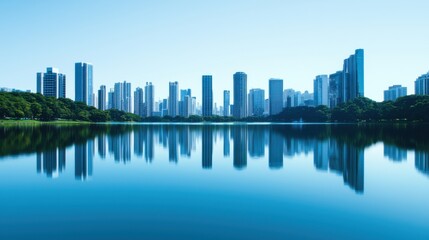 Fototapeta premium A serene lake reflecting abstract skyscrapers and trees, representing balance and tranquility between professional success and personal satisfaction