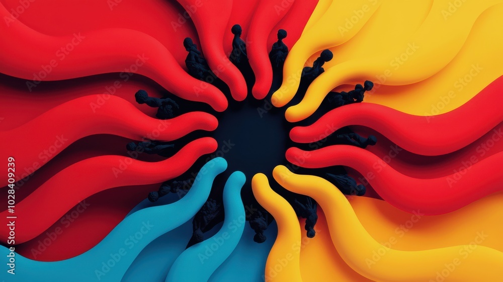Poster a series of abstract shapes forming a spiral, where each segment of the spiral is held by different 