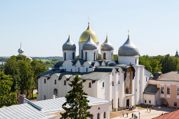 Top view of St. Sophia Cathedral in the Kremlin of Veliky Novgorod. Russia