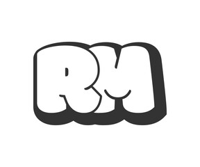 RM logo, bubble comic lettering, rounded in graffiti style black and white silhouette. Trendy preschool R and M letter text for festival party, personal initials, children funky print and web.