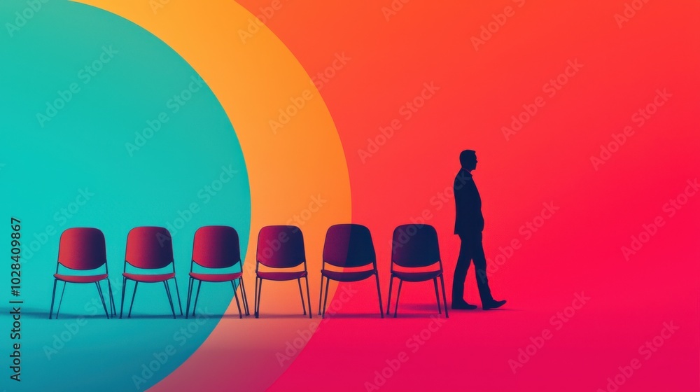 Sticker A set of chairs arranged in a circular pattern, each chair representing a different role, with a figure moving from one chair to another. The background is an abstract gradient, growth