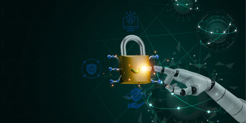 Cybersecurity background featuring a robot hand touching a security key, symbolizing secure access, encryption, and AI-driven digital protection for advanced technology and cyber defense systems