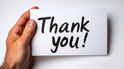 A hand holds a card with "Thank you!" written in bold, emphasizing gratitude and appreciation.