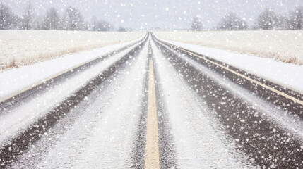 Naklejka premium Snow-Covered Fields and Pristine Road Under Pale Gray Skies