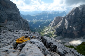Yellow Carabiner on a Rocky Mountain Peak.
