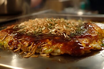 Close-up of Okonomiyaki, a Savory Japanese Pancake, Topped with Sauce, Bonito Flakes, and Green Onions.