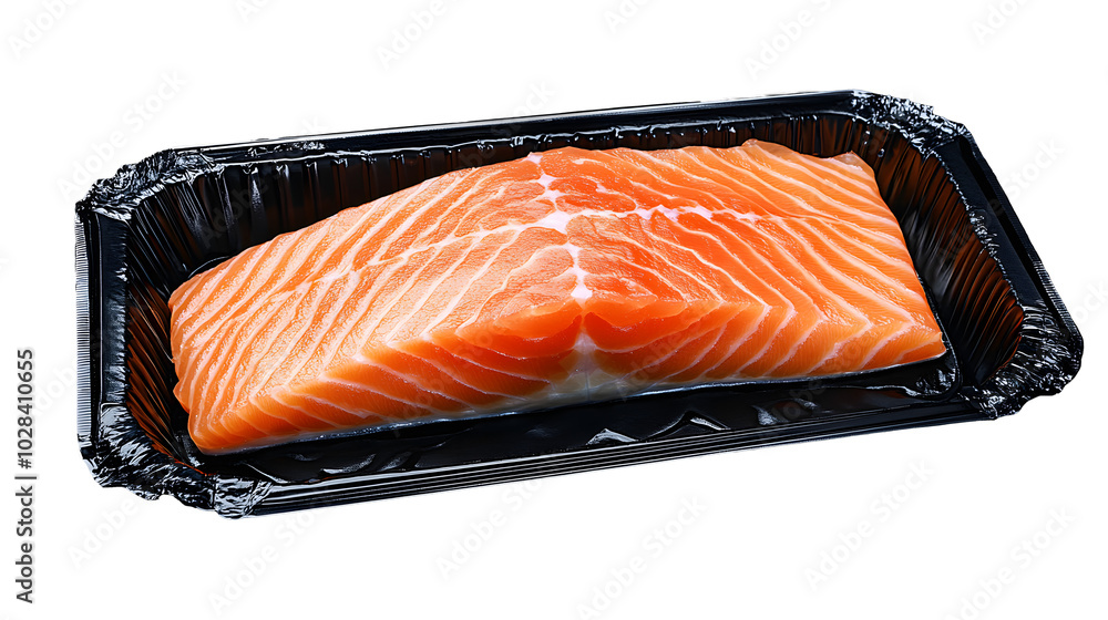 Poster salmon fillet in black styrofoam package front view isolate on transparency background