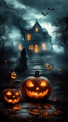 Haunted pathway to a gothic house with pumpkins