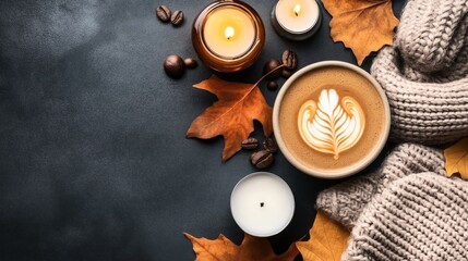 Cozy autumn scene with a cup of latte art coffee, surrounded by candles, knitted woolen gloves, coffee beans, and dry leaves on a dark surface.