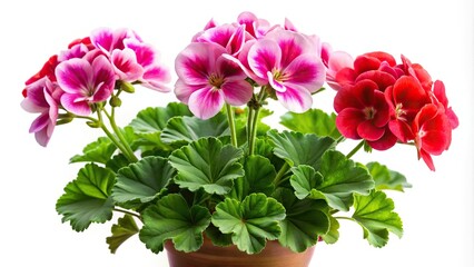 Geranium plant with bright flowers isolated on white background