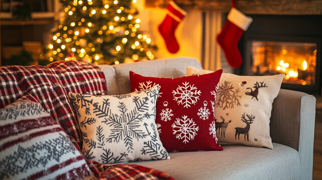 Cojines decorativos navide&ntilde;os en sof&aacute; en un salon decorado para navidad
