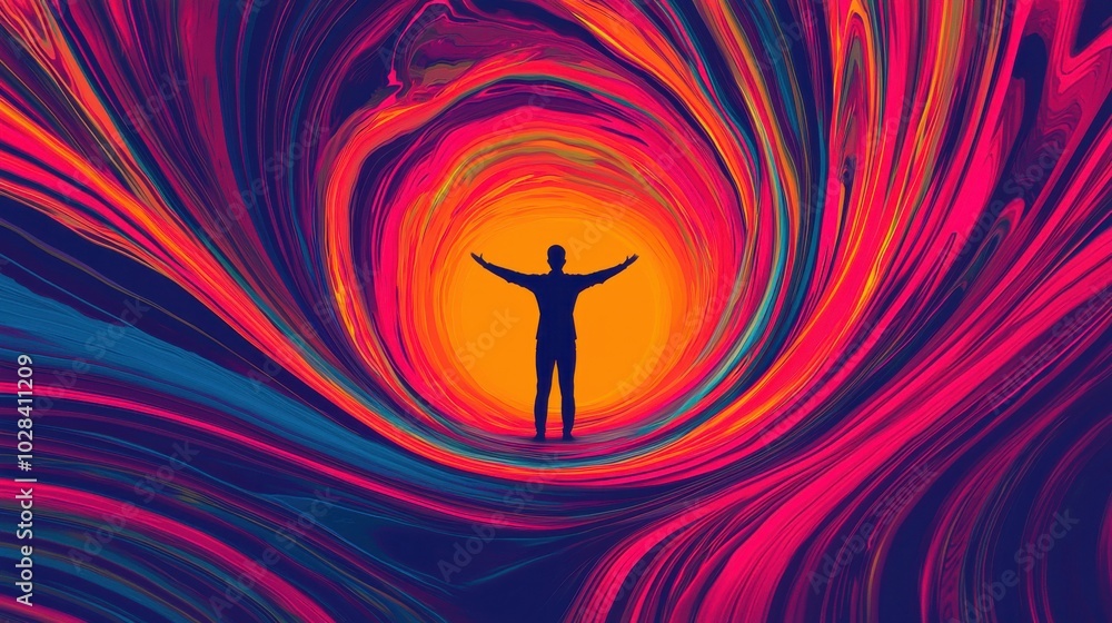 Poster a swirling vortex of colorful data streams and shapes, with a person standing in the center, arms ou
