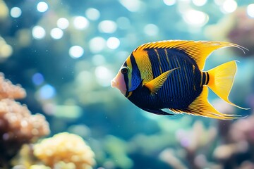 Fototapeta premium Vibrant Yellow and Blue Angelfish Swimming in a Tropical Aquarium.